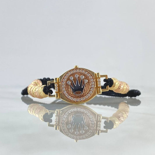 Pulsera Negra Cinturon Corona RX 7gr / 6mm Bolas Diamantadas tres Oros Amarillo Rosa 18K