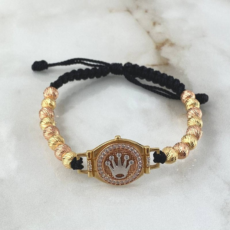 Pulsera Negra Cinturon Corona RX 7gr / 6mm Bolas Diamantadas tres Oros Amarillo Rosa 18K