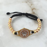 Pulsera Negra Cinturon Corona RX 7gr / 6mm Bolas Diamantadas tres Oros Amarillo Rosa 18K