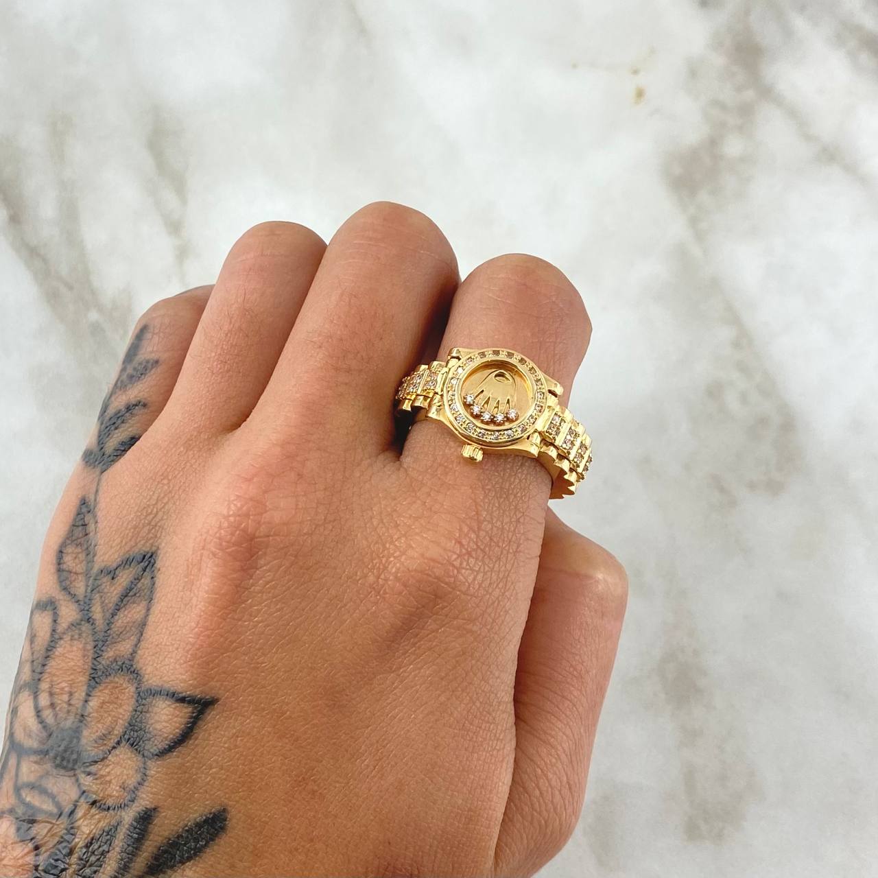 Anillo Correa Corona RX 10.65gr / T9 1/2 / Circones Blancos Oro Amarillo 18K