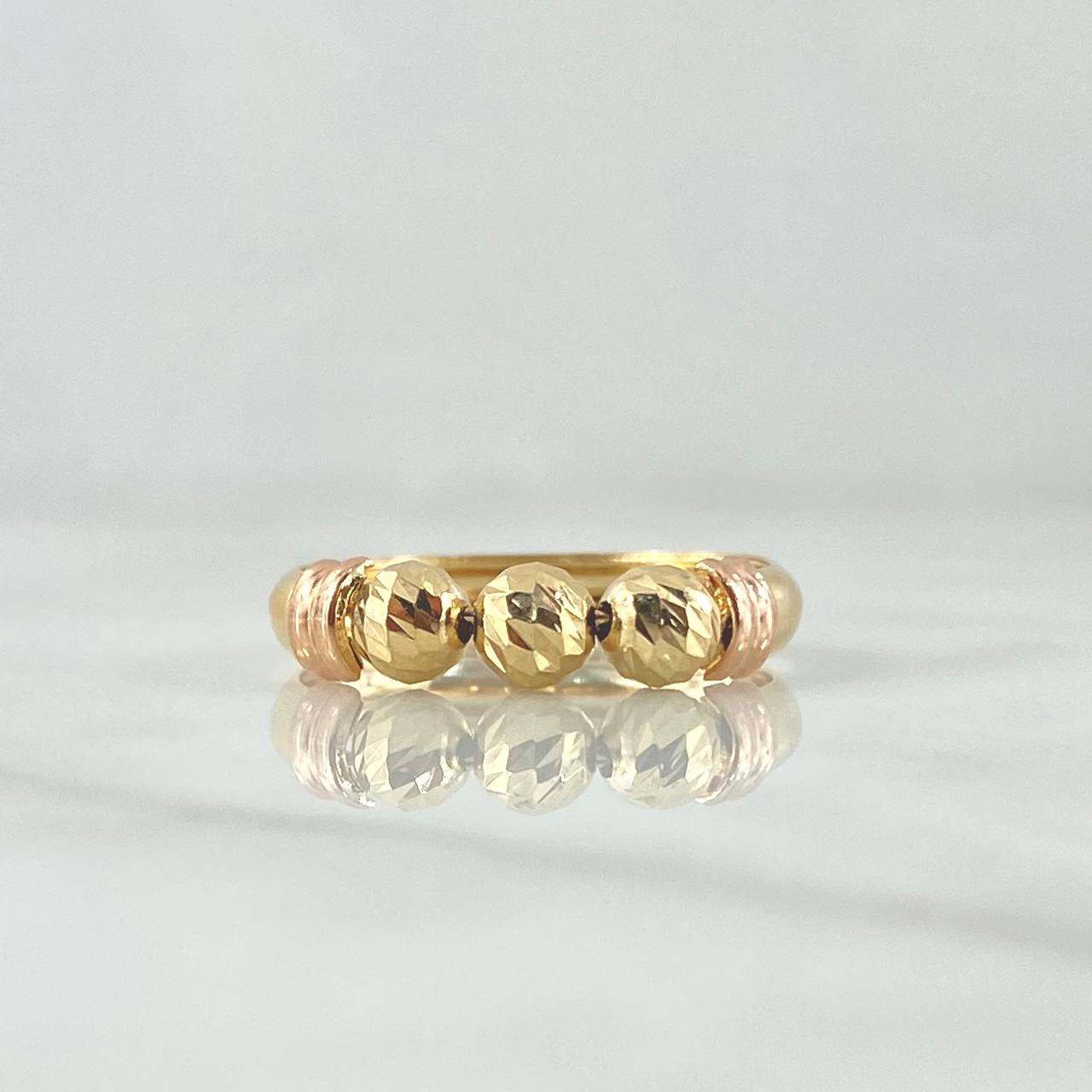 Anillo Trio De Bolas 1.55gr / T7 3/4 / 5mm Bolas Diamantadas Dos Oros Amarillo Rosa 18K ©