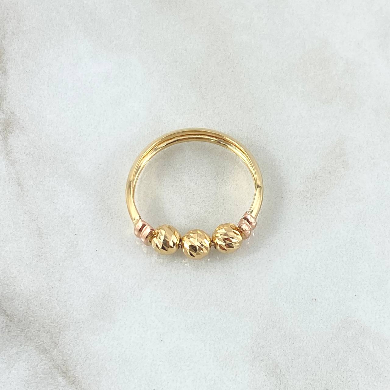 Anillo Trio de Bolas 1.5gr / T6 3/4 / 5mm Bolas Diamantadas Dos Oros Amarillo Rosa 18K