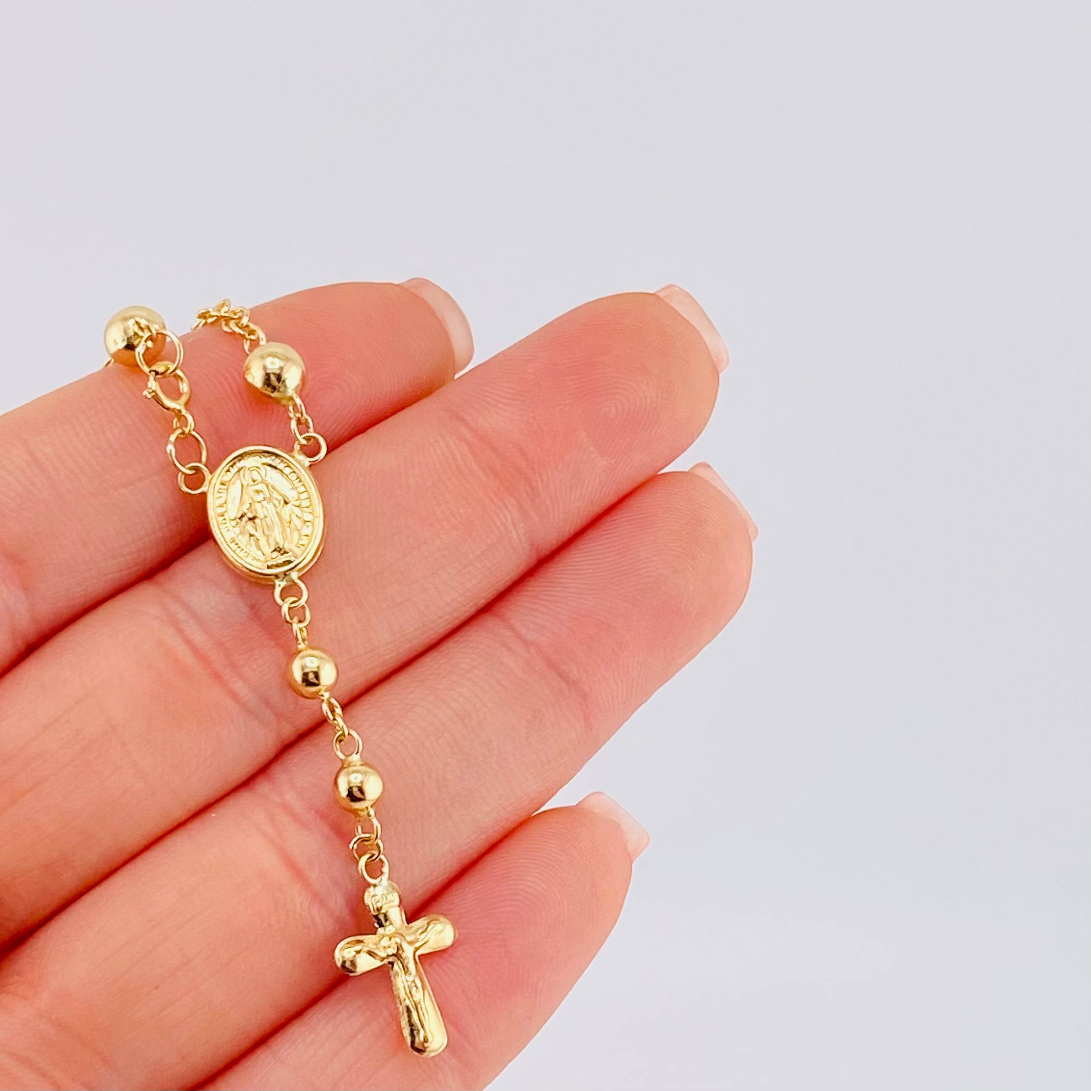 Tobillera Denario Virgen Milagrosa Cruz Cristo 4.5gr / 29cm / 4mm - 5mm Oro Amarillo 18K