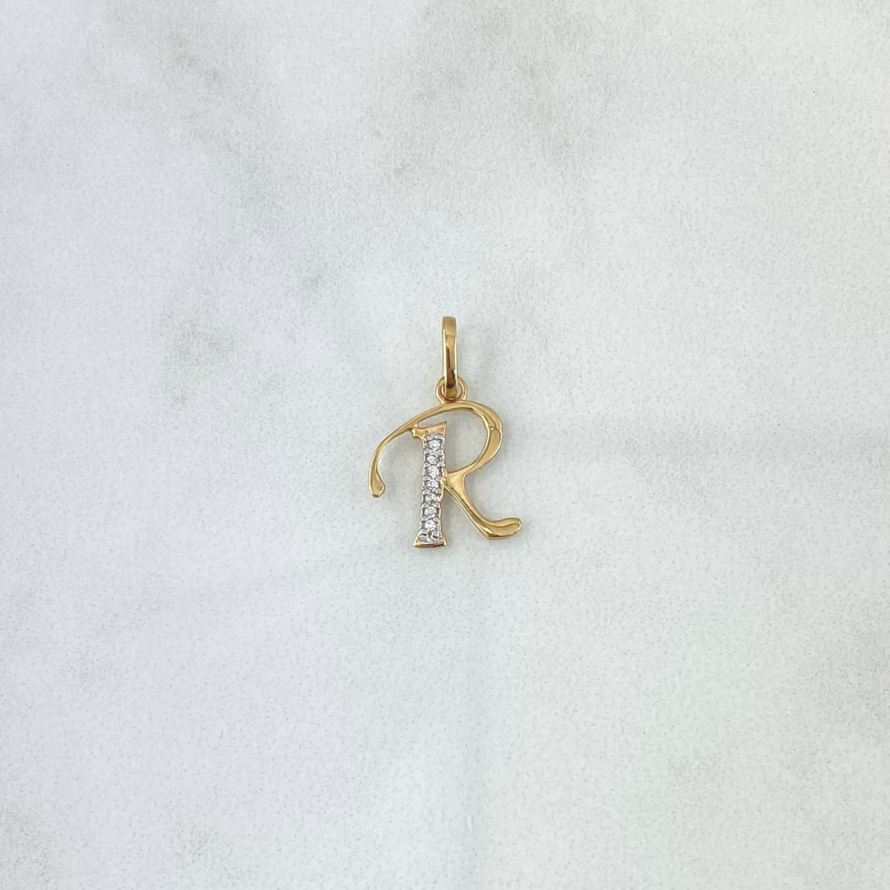Dije Letra R Cursiva 0.65gr / 2cm / Circones Blancos Dos Oros Amarillo Blanco 18K