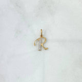 Dije Letra R Cursiva 0.65gr / 2cm / Circones Blancos Dos Oros Amarillo Blanco 18K
