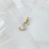 Dije Letra S Cursiva 0.7gr / 2.5cm / Circones Blancos Dos Oros Amarillo Blanco 18K
