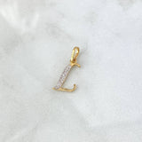 Dije Letra L Cursiva 0.61gr / 2cm / Circones Blancos Dos Oros Amarillo Blanco 18K