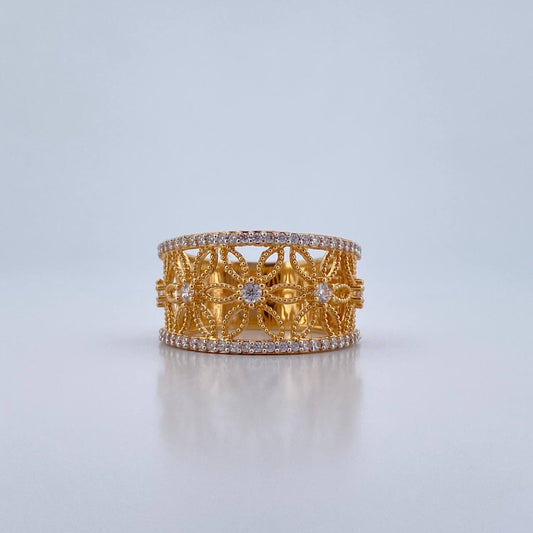 Anillo Flores 5.5gr / T7 1/2 / Circones Blancos Dos Oros Amarillo Blanco 18K $