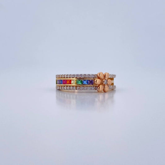 Anillo Flor Doble Linea 3.2gr / T7 / Circones Colores Tres Oros 18K $