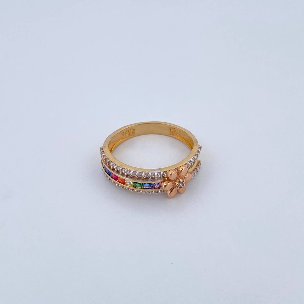 Anillo Flor Doble Linea 3.2gr / T7 / Circones Colores Tres Oros 18K $
