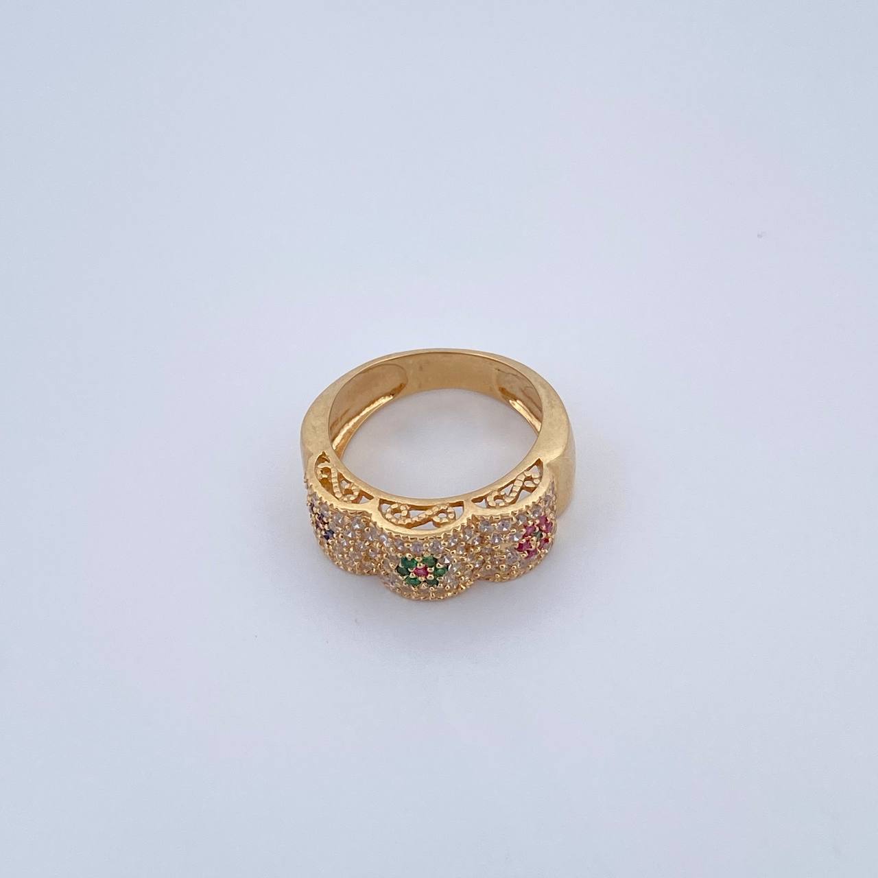 Anillo Flores 6.05gr / T6 1/4 / Circones Verdes Fucsias Azules Blancos Oro Amarillo 18K $