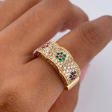 Anillo Flores 6.05gr / T6 1/4 / Circones Verdes Fucsias Azules Blancos Oro Amarillo 18K $