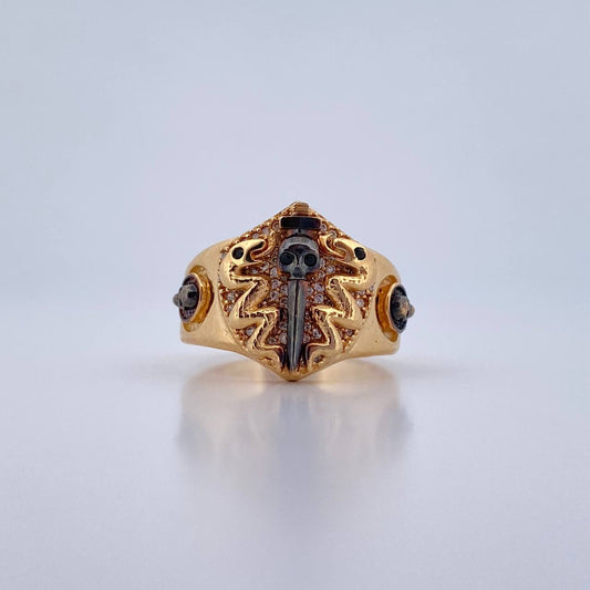 Anillo Calaveras Espadas 11.6gr / T9 1/2 / Circones Negros Blancos Dos Oros Negro Amarillo 18K $