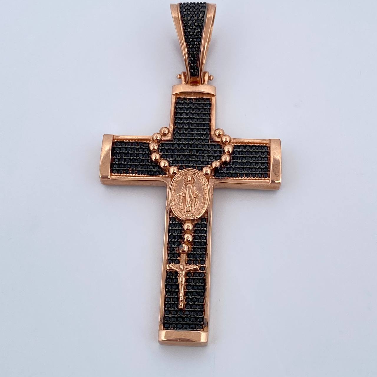 Dije Cruz Virgen Milagrosa Rosario 14.55gr / 6.9cm / Circones Negros Dos Oros Negro Rosa 18K $