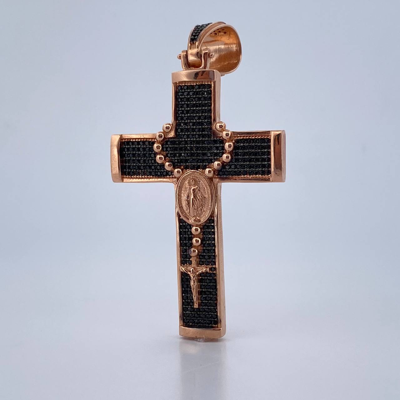 Dije Cruz Virgen Milagrosa Rosario 14.55gr / 6.9cm / Circones Negros Dos Oros Negro Rosa 18K $