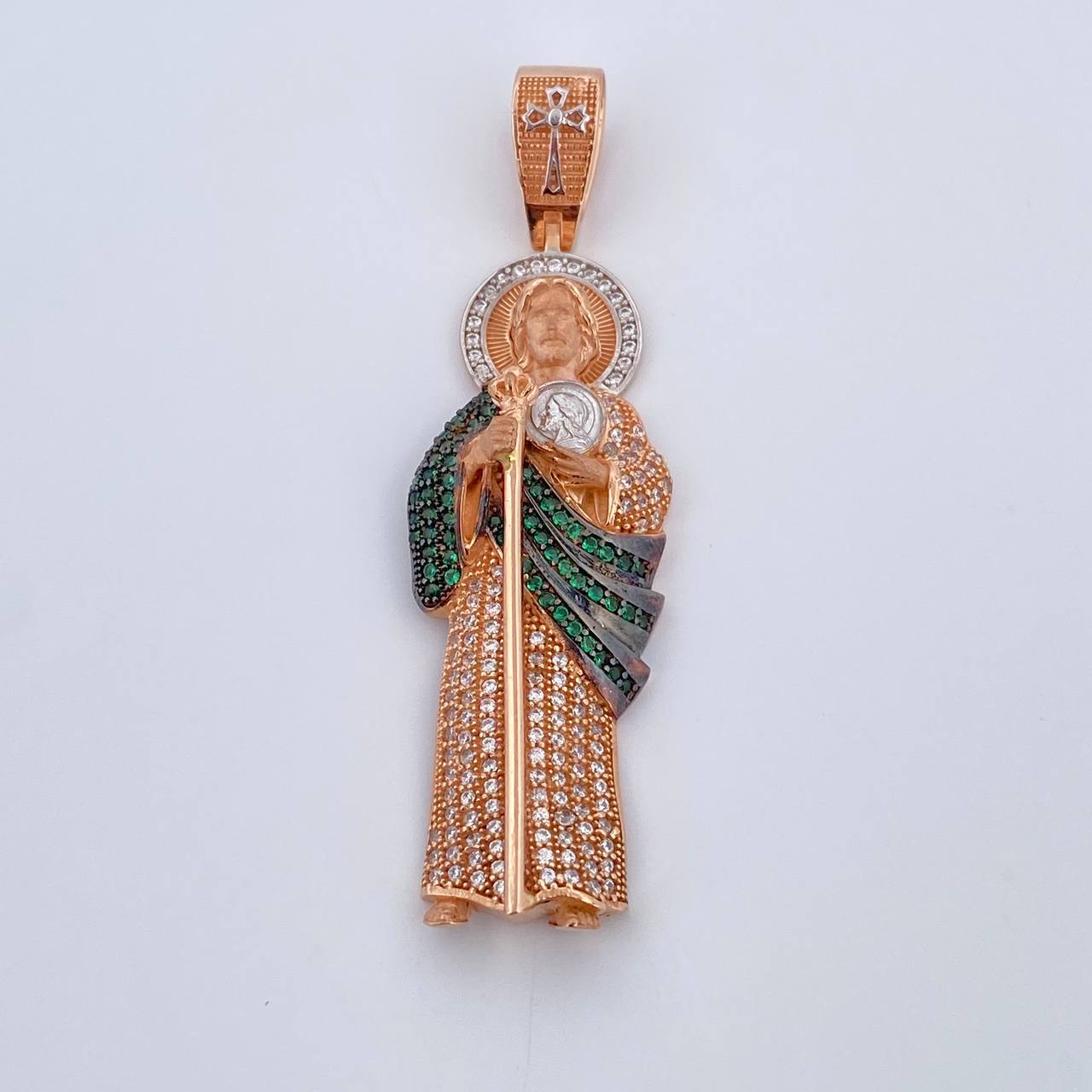 Dije San Judas Tadeo 10gr / 5.7cm / Circones Verdes Blancos Tres Oros 18K $