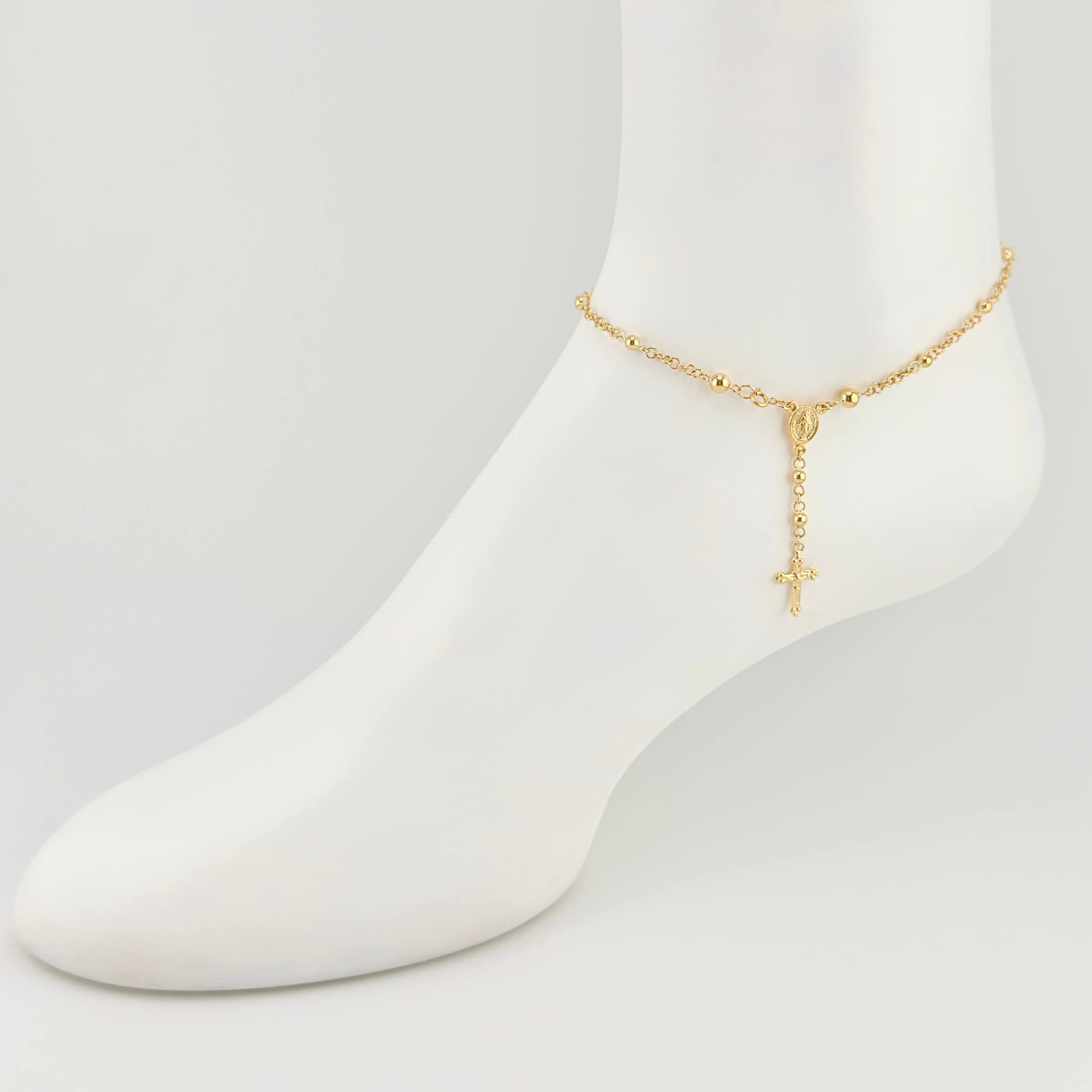 Tobillera Denario Virgen Milagrosa Cruz Cristo 3.9 g / 24,5 cm / 4 mm - 3 mm Oro Amarillo 18K