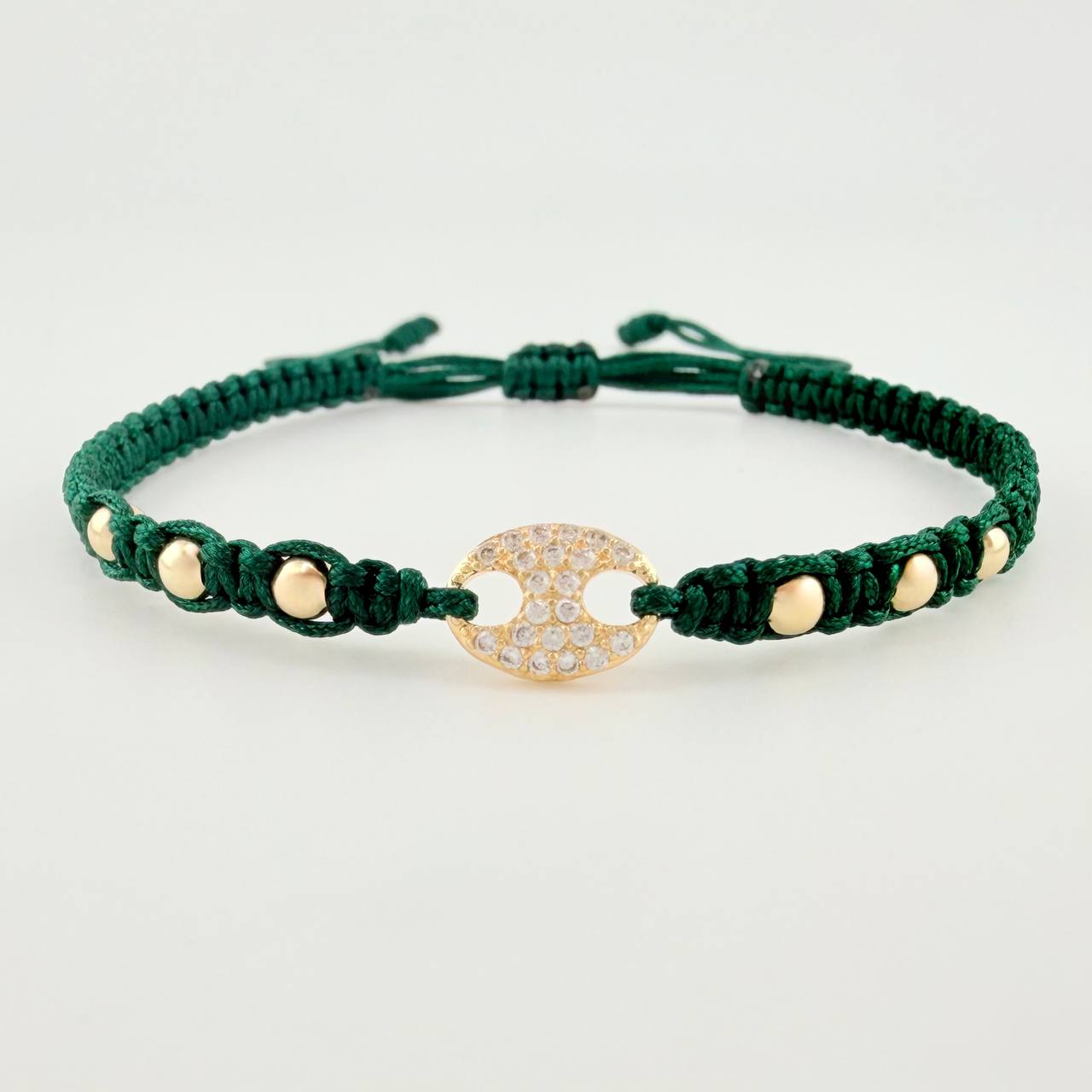 Pulsera Tejida Verde Herraje de GC Bolas Lisas Oro Amarillo 18K