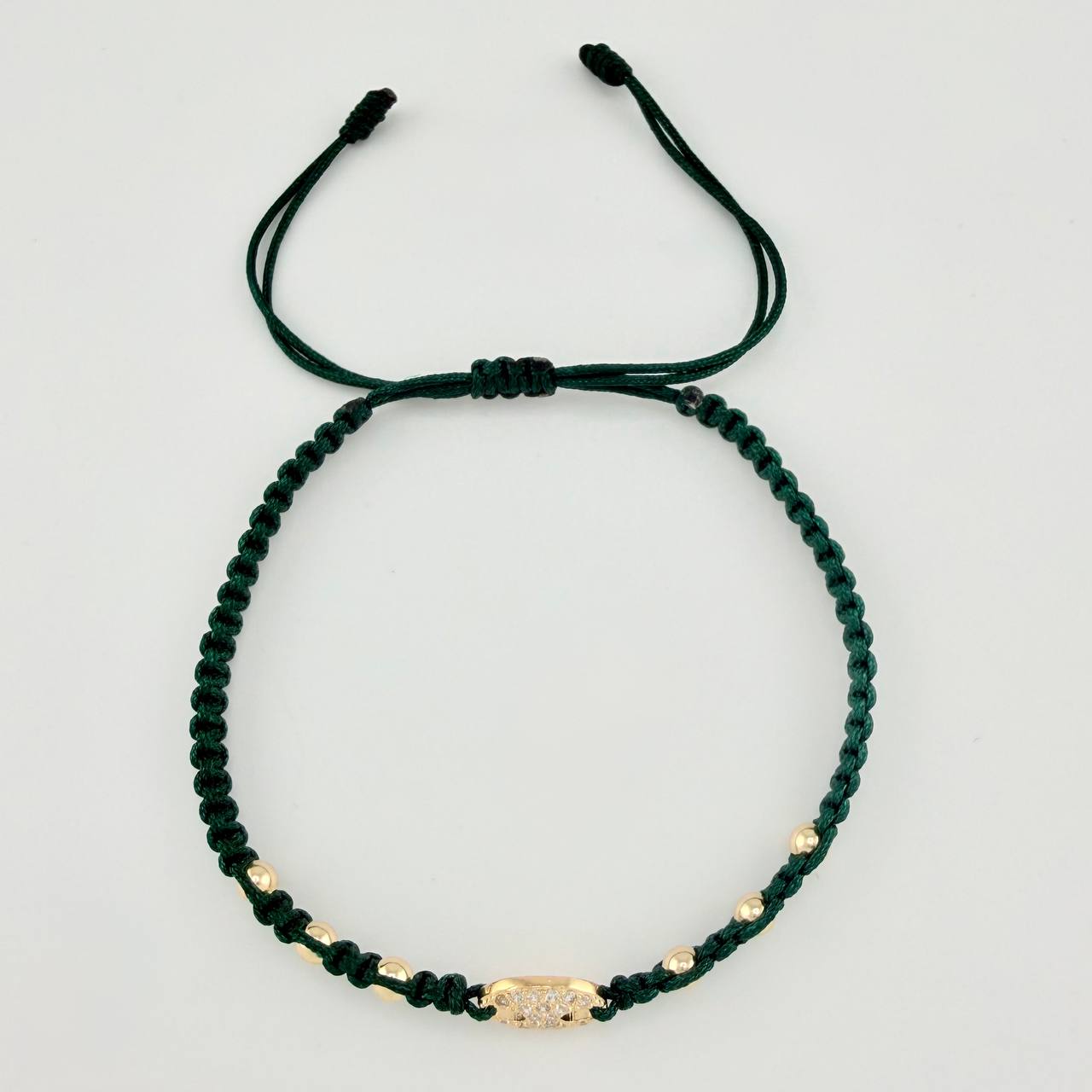 Pulsera Tejida Verde Herraje de GC Bolas Lisas Oro Amarillo 18K