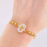 Pulsera Tejida Cafe Herraje de la Virgen de Guadalupe Bolas Lisas Oro Amarillo 18K