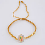 Pulsera Tejida Cafe Herraje de la Virgen de Guadalupe Bolas Lisas Oro Amarillo 18K