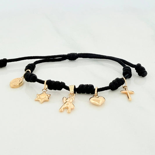 Pulsera Tejida Negra Seis Nudos Oro Amarillo 18K
