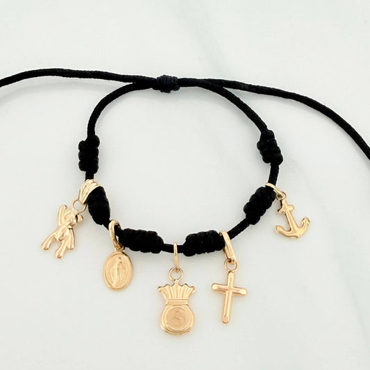 Pulsera Tejida Negra Seis Nudos Oro Amarillo 18K