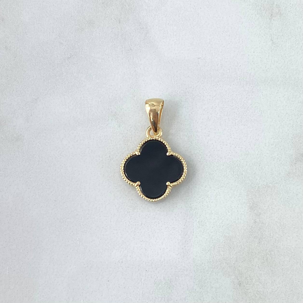 Dije Trebol VCyA 1.85gr / 2.4cm / Onix Negro Borde Punteado Oro Amarillo Nac.Esp. 18K