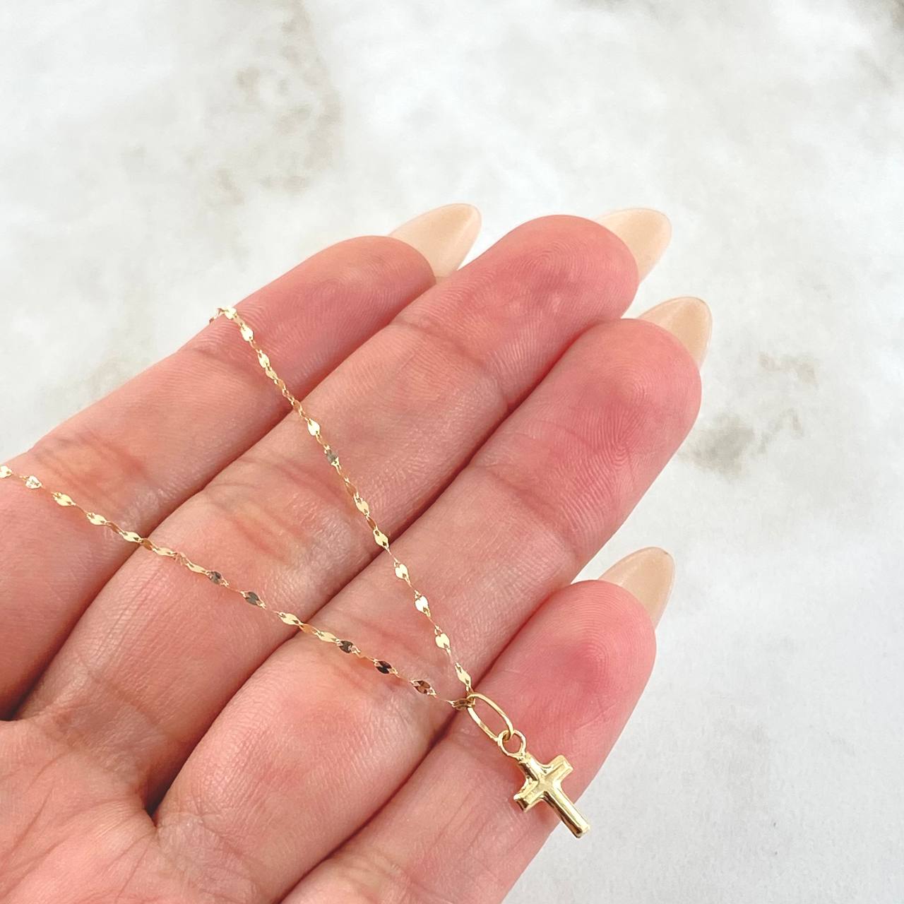 Set Cadena y Dije Flor Espejo + Cruz Lisa 0.6gr / Oro Amarillo 18K (Oferta)