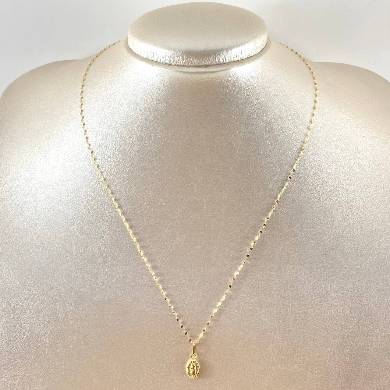 Set Cadena y Dije Mini Flor Espejo + Virgen Guadalupe 0.65gr / Oro Amarillo 18K