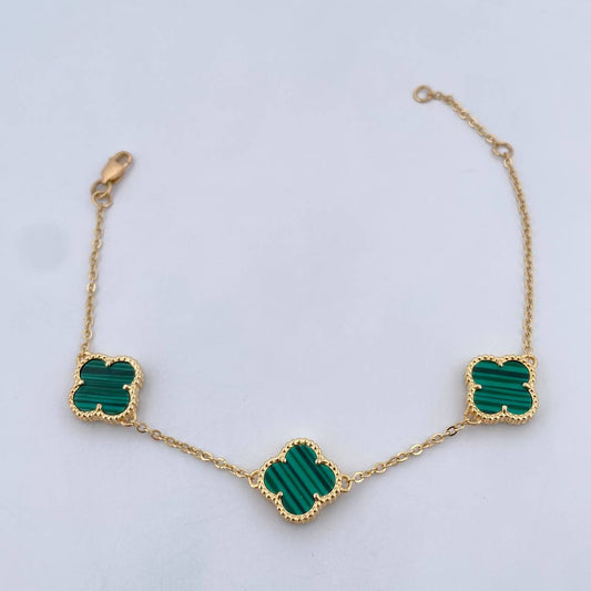 Pulso Aro Seguido Trebol Gradual 5.15gr / 17cm-20.1cm / 1.3mm Malaquita Verde Oro Amarillo Nac.Esp. 18K $