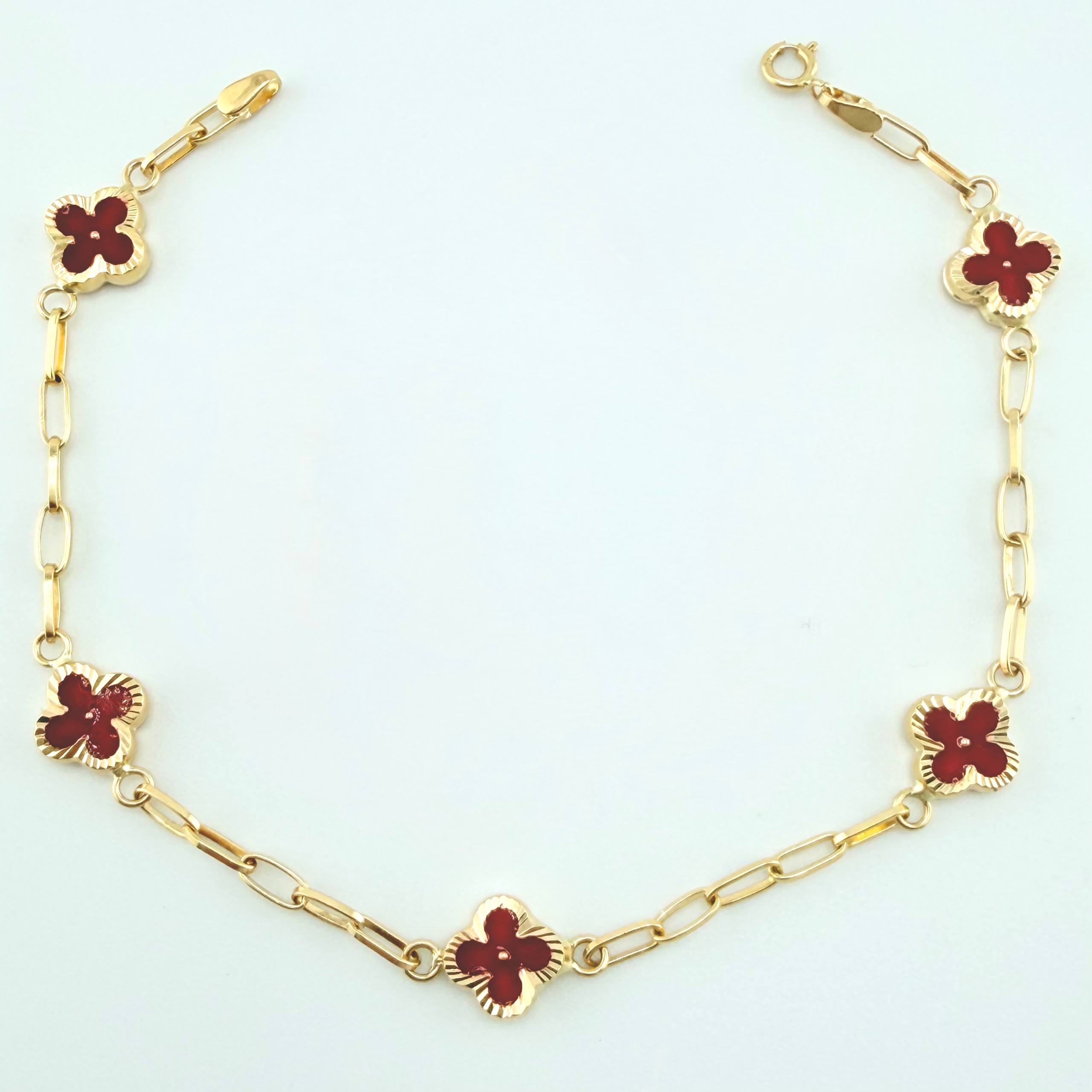 Pulso Cajon Trebol Rojo 3.4gr / 18cm / 8.1mm Oro Amarillo 18K