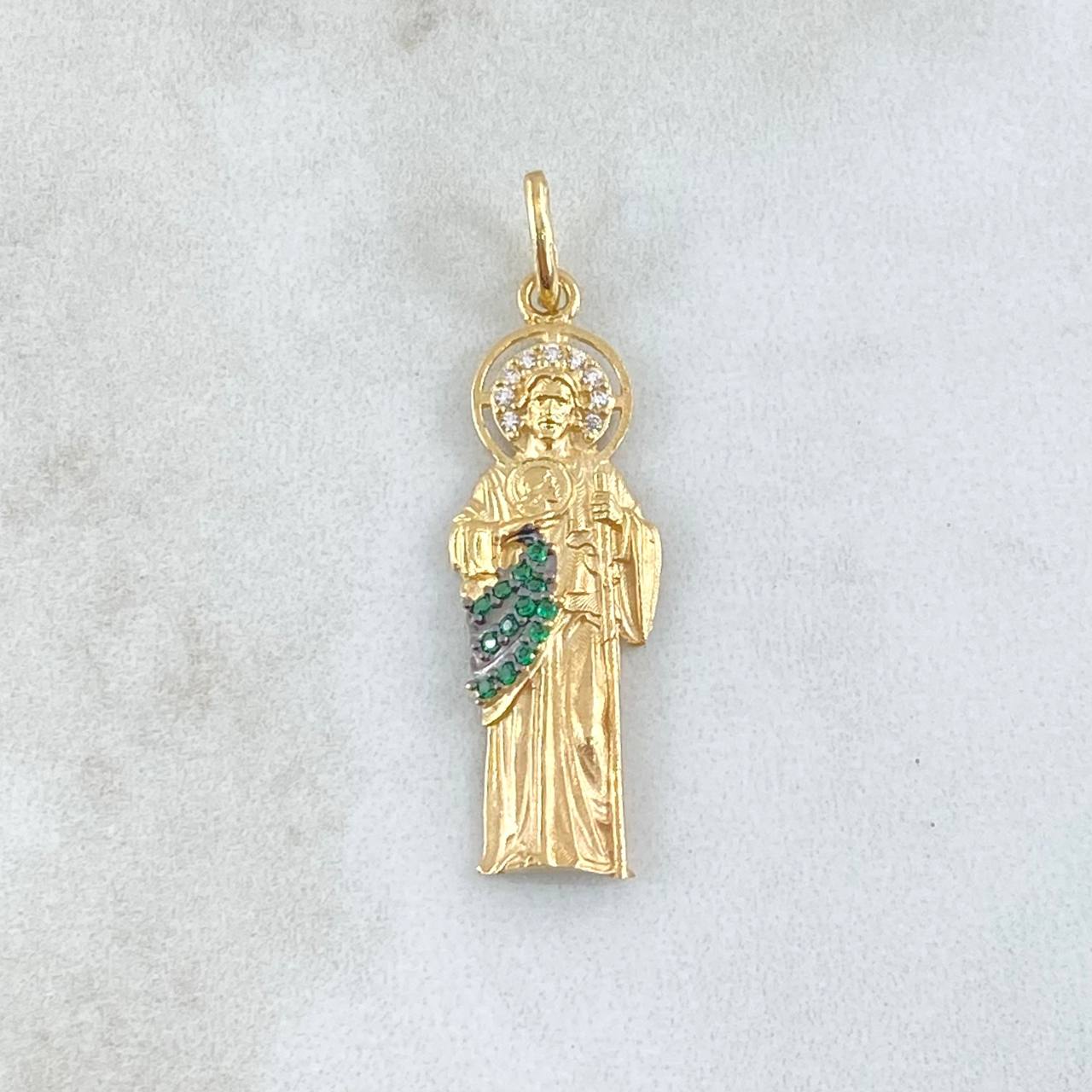 Dije San Judas Tadeo Silueta 3.5gr / 3.6cm / Mate Circones Verdes Blancos Oro Amarillo 18K