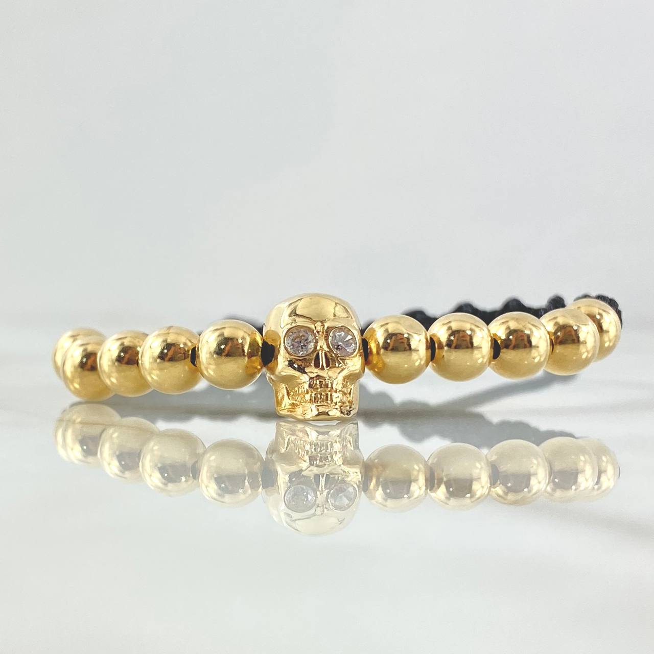 Pulsera Negra Herraje Calavera 5gr / 6mm Bolas Lisas 10und Circones Blancos Oro Amarillo 18K