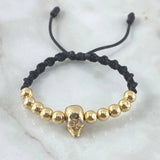 Pulsera Negra Herraje Calavera 5gr / 6mm Bolas Lisas 10und Circones Blancos Oro Amarillo 18K