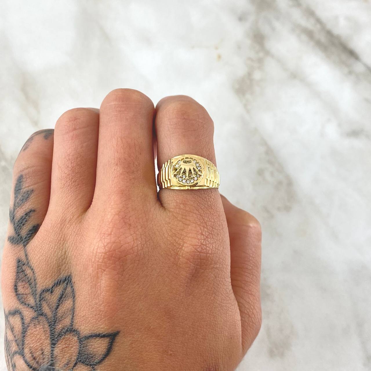 Anillo Correa Corona RX 4.05gr / T6 1/4 / Circones Blancos Oro Amarillo 18K