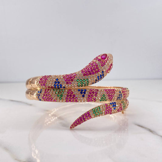 Pulso Aro Serpiente 41.8gr / 20.42cm / Circones Fucsias Verdes Azules Blancos Oro Rosa 18K &