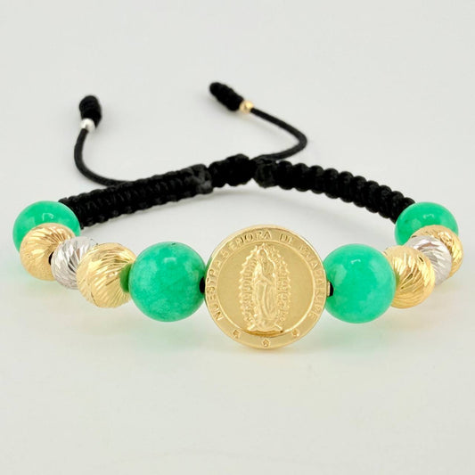 Pulsera Tejida Virgen Guadalupe Morallas 8Mm-7Mm-6Mm-3Mm Dos Oros Amarillo Blanco 18K