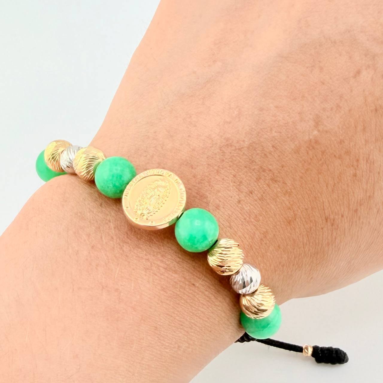 Pulsera Tejida Virgen Guadalupe Morallas 8Mm-7Mm-6Mm-3Mm Dos Oros Amarillo Blanco 18K