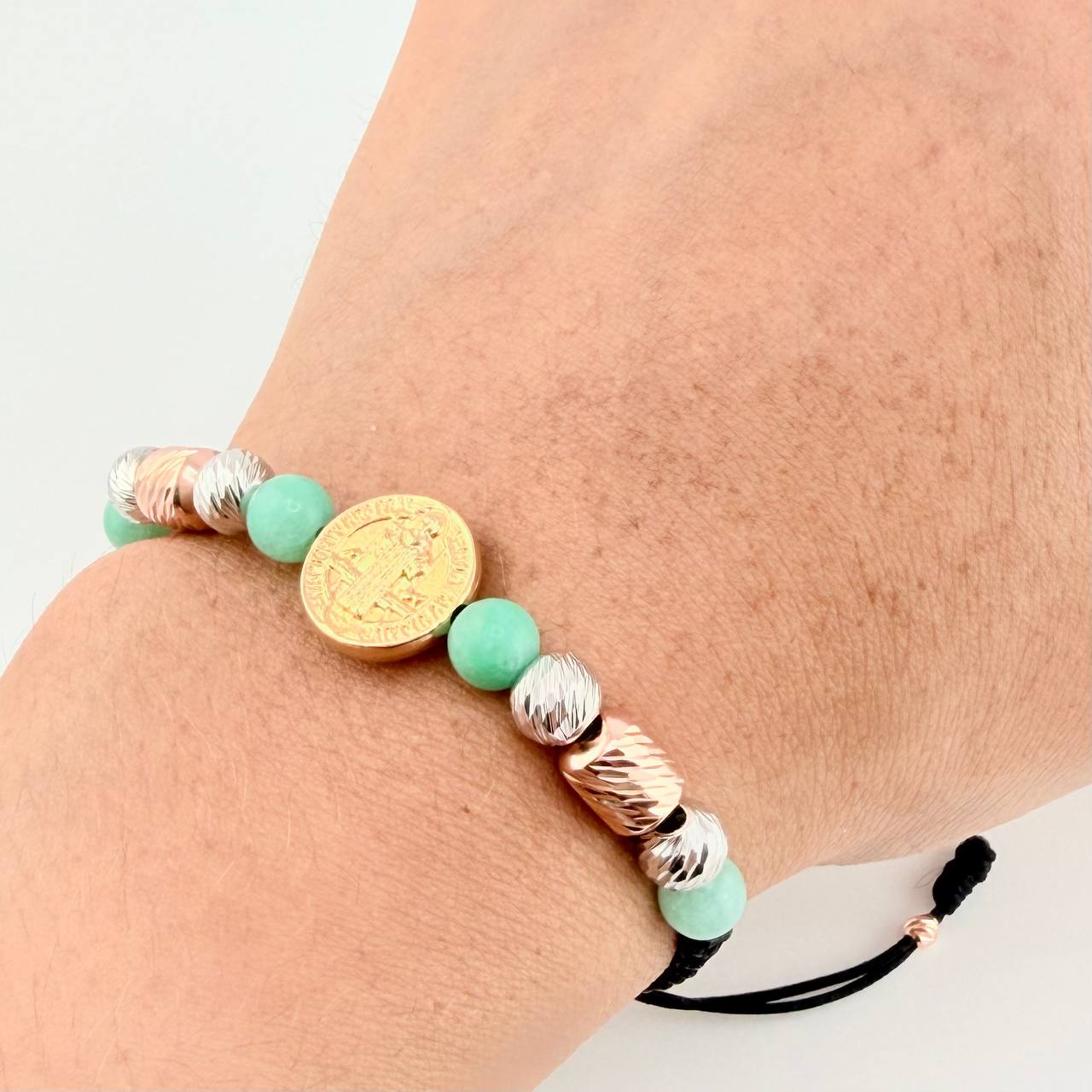 Pulsera Tejida Herraje San Benito Morallas /Cilindros 6Mm-3Mm Tres Oros 18K