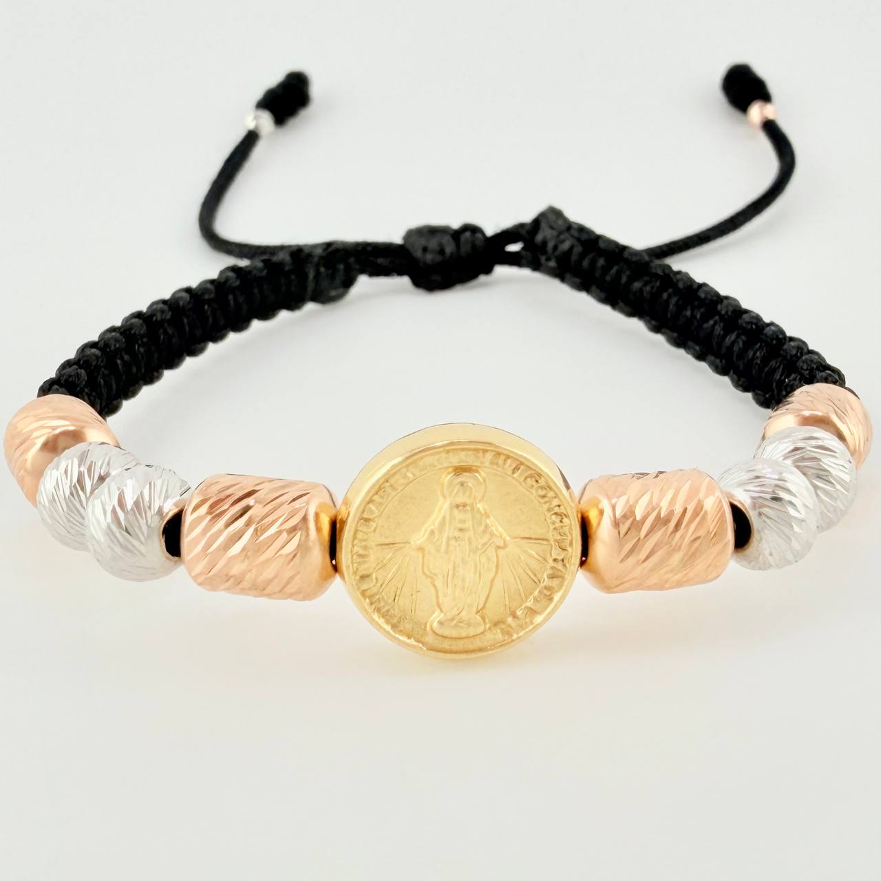 Pulsera Tejida Virgen Milagrosa Cilindros 6Mm-3Mm Oro Amarillo 18K