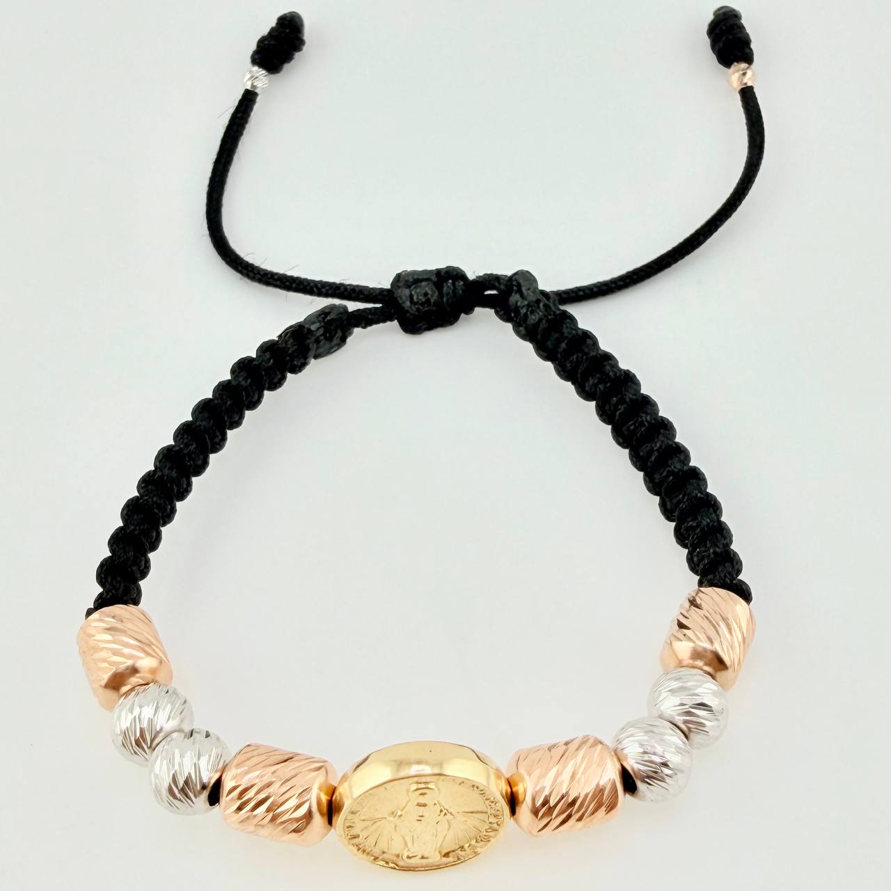 Pulsera Tejida Virgen Milagrosa Cilindros 6Mm-3Mm Oro Amarillo 18K