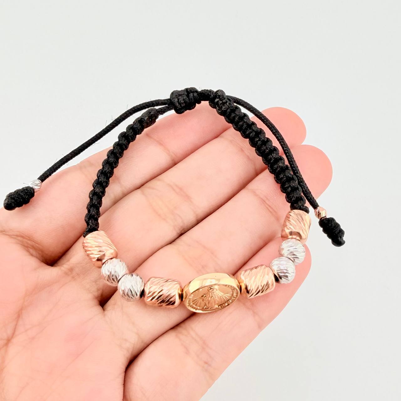 Pulsera Tejida Virgen Milagrosa Cilindros 6Mm-3Mm Oro Amarillo 18K