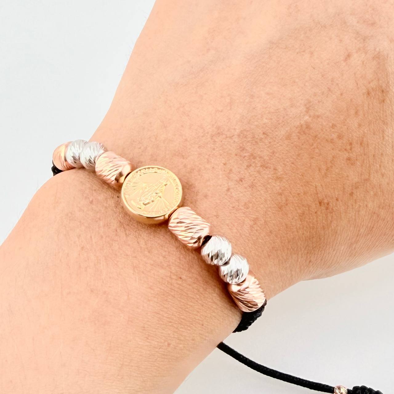 Pulsera Tejida Virgen Milagrosa Cilindros 6Mm-3Mm Oro Amarillo 18K