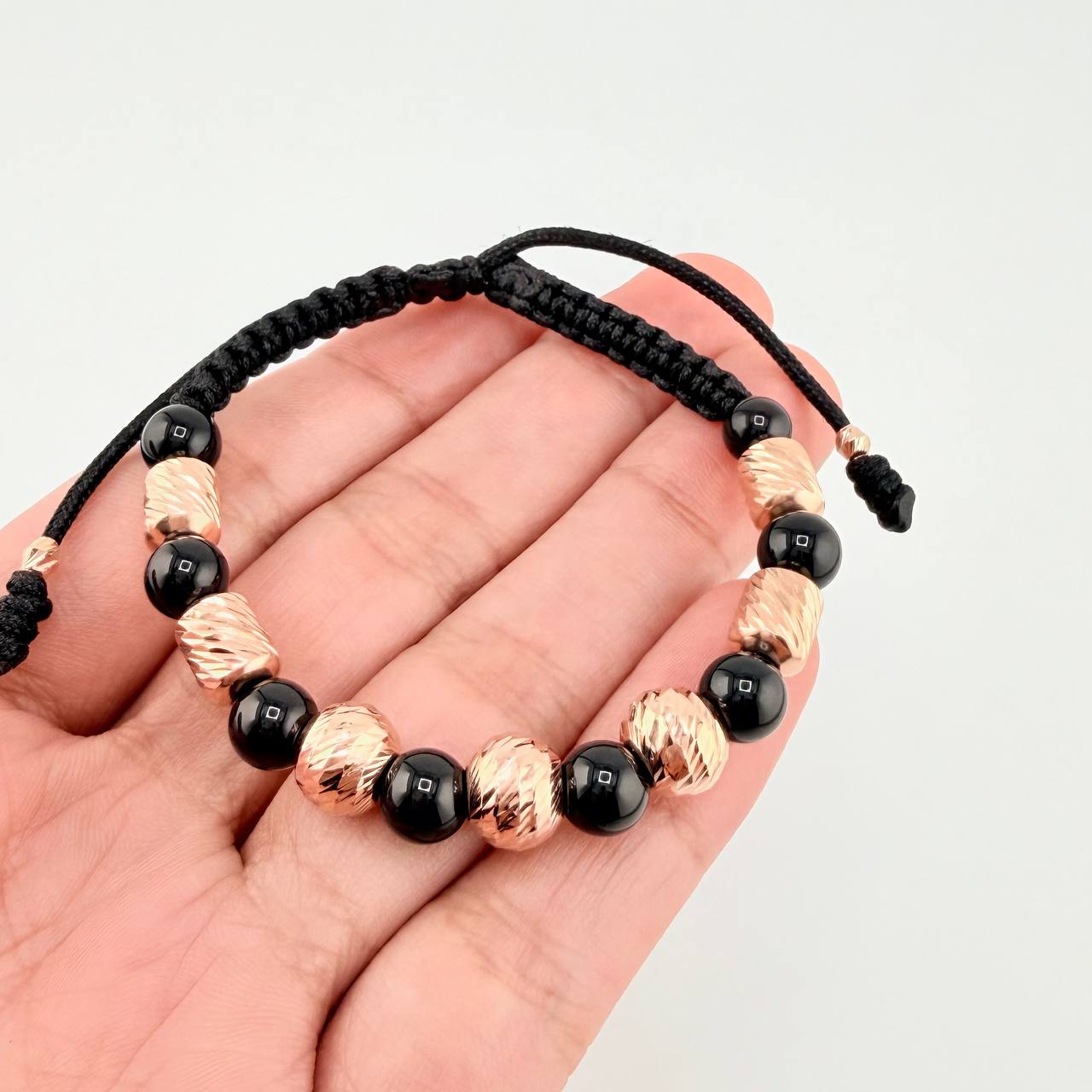 Pulsera Tejida Bolas Diamantadas Cilindros 8Mm-6Mm Oro Rosa 18K