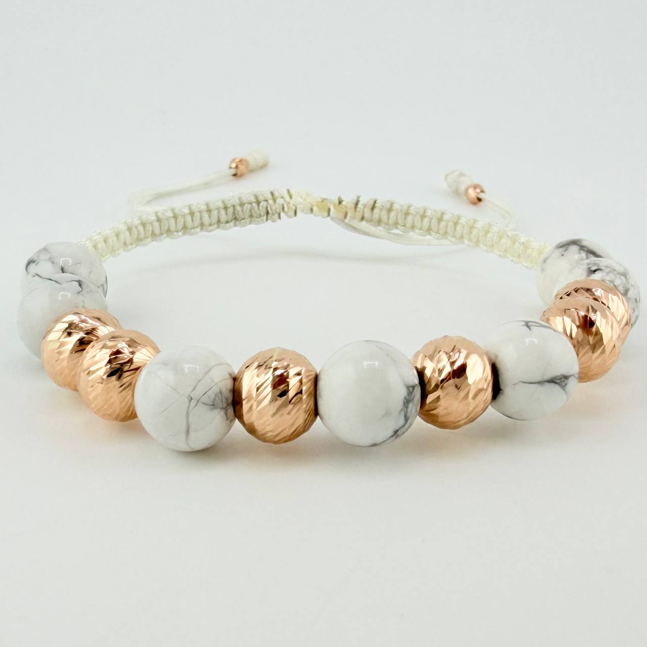 Pulsera Tejida Bolas Diamantadas Intercaladas 8Mm Oro Rosa 18K