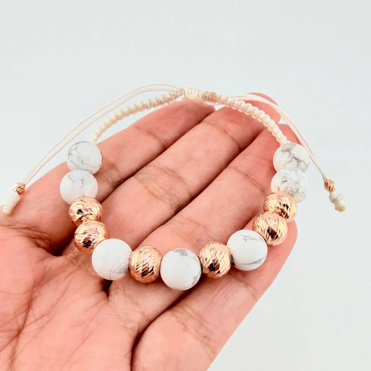 Pulsera Tejida Bolas Diamantadas Intercaladas 8Mm Oro Rosa 18K