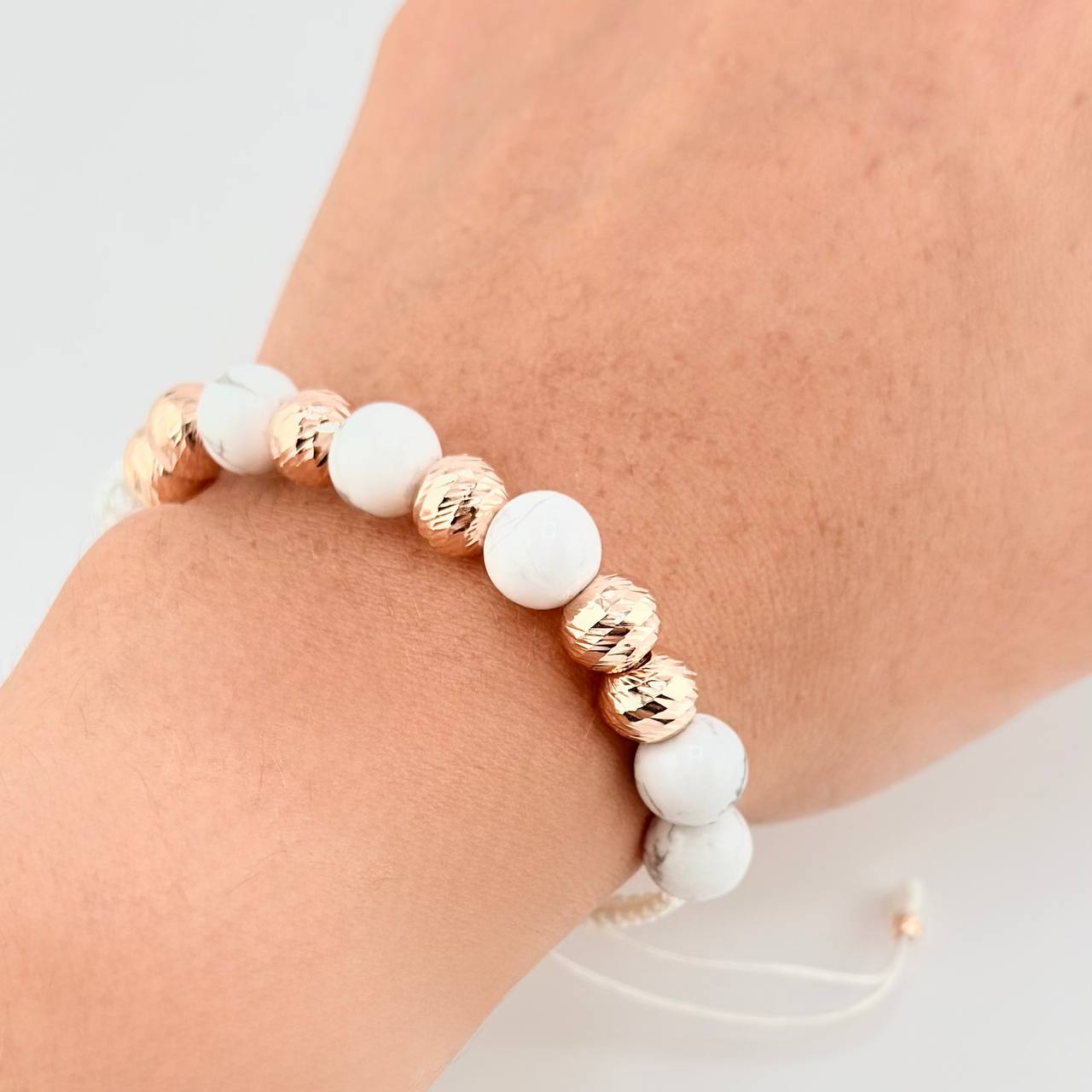 Pulsera Tejida Bolas Diamantadas Intercaladas 8Mm Oro Rosa 18K