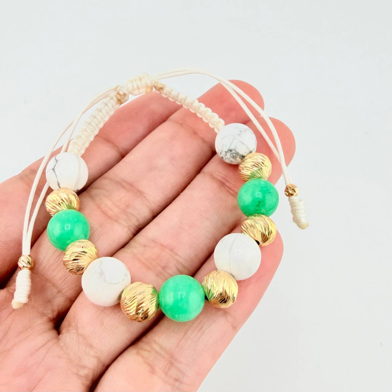 Pulsera Tejida Bolas Blancas Morallas 8Mm- 7Mm-3Mm Oro Amarillo 18K