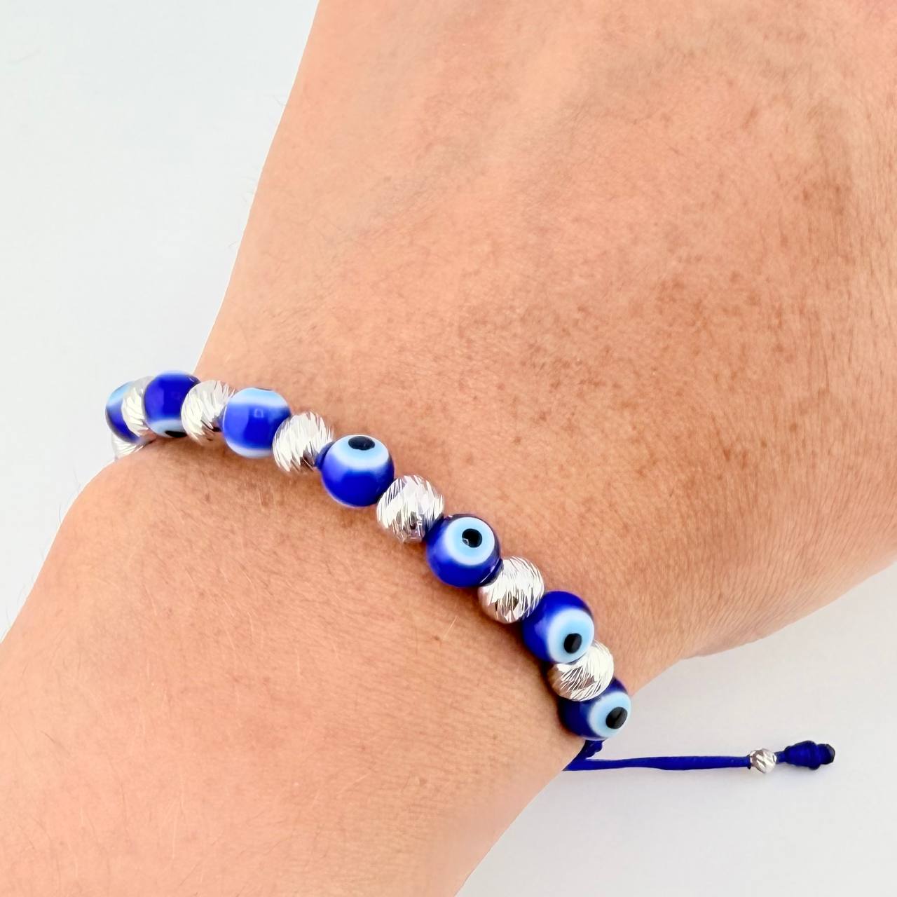 Pulsera Tejida Ojos Turco Bolas Diamantadas 6Mm-3Mm Oro Blanco 18K